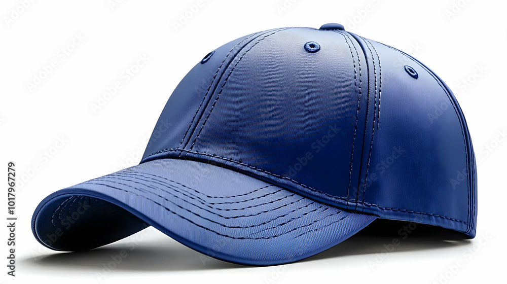 A sleek blue baseball cap with a curved brim and stitched details. A sleek blue baseball cap with a curved brim and stitched details.