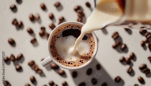 Cream swirls in rich coffee cup surrounded by scattered coffee beans on a whi...