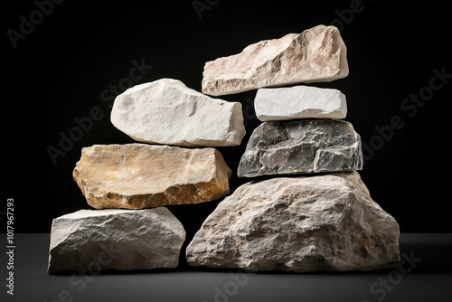 Collection of variously colored, textured, and sized rocks stacked against a black background, exhibiting a variety of geological features. photo