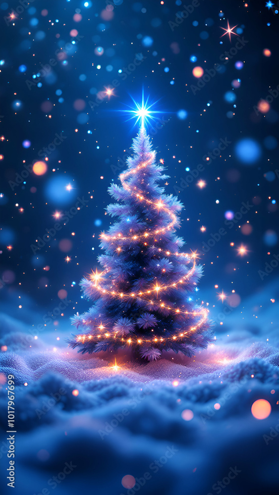 A Christmas tree illuminated with warm lights stands in a snowy landscape against a dark blue sky with twinkling stars and bokeh. A Christmas tree illuminated with warm lights stands in a snowy landscape against a dark blue sky with twinkling stars and bokeh.