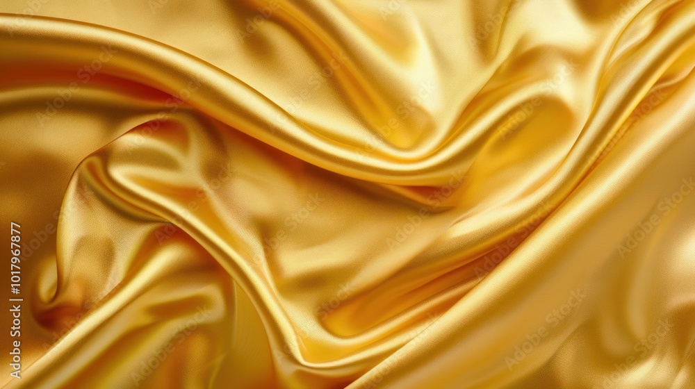 Obraz premium Golden silk fabric with luxurious wavy folds. Close-up of shiny and smooth cloth texture. Design for textile, fashion, wallpaper, background.
