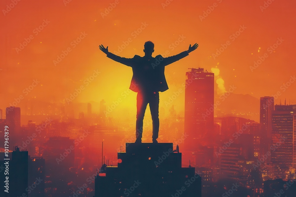 A silhouette of a man standing triumphantly on a rooftop against a vibrant sunset, symbolizing success and achievement. A silhouette of a man standing triumphantly on a rooftop against a vibrant sunset, symbolizing success and achievement.