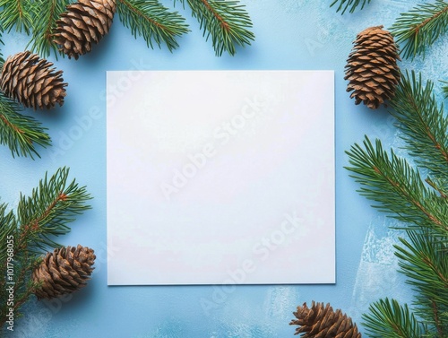 Holiday-themed blank card surrounded by pine branches and pine cones on a blu...