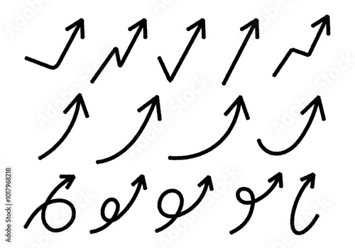 右上がりの矢印、手描きペン風シンプルイラストセット5