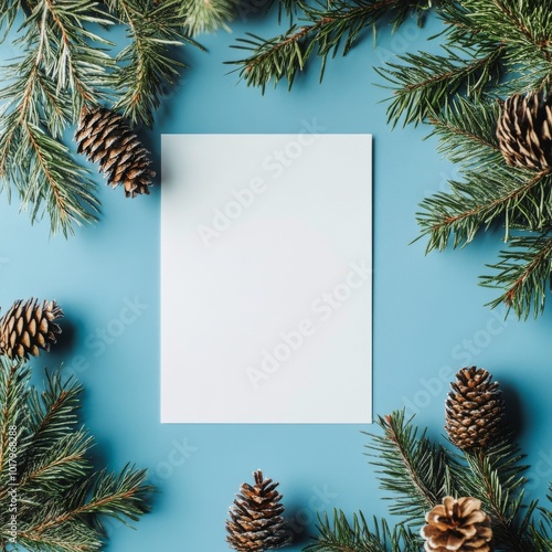 Arrangement of pine cones and evergreen branches surrounding a blank square o...