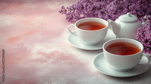 A serene afternoon tea setup with cups and lilac flowers on a delicate pastel...
