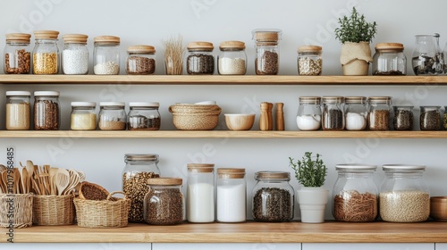 Organized kitchen shelving showcasing jars and containers filled with various...