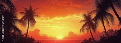 Vibrant sunset over tropical palm trees illuminating the evening sky with war...