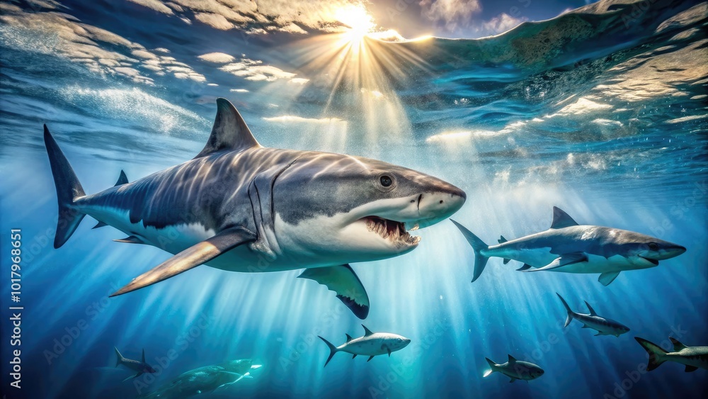 Fototapeta premium Majestic Great White Sharks Swimming Gracefully in Crystal Clear Ocean Waters Under Bright Sunlight