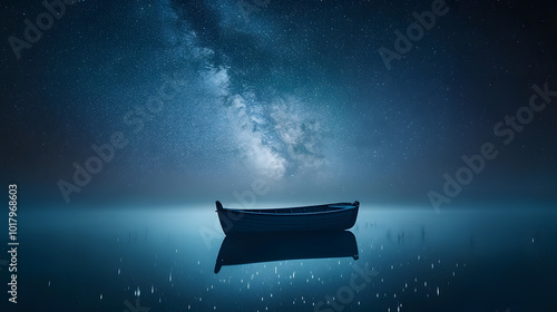 Milky Way Night Boat: A lone boat sits serenely on a still lake, bathed in the ethereal glow of the Milky Way, a cosmic canvas of stars stretching across the night sky.