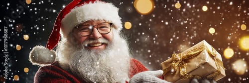 Joyful Santa Claus holds a beautifully wrapped gift against a festive, sparkl...