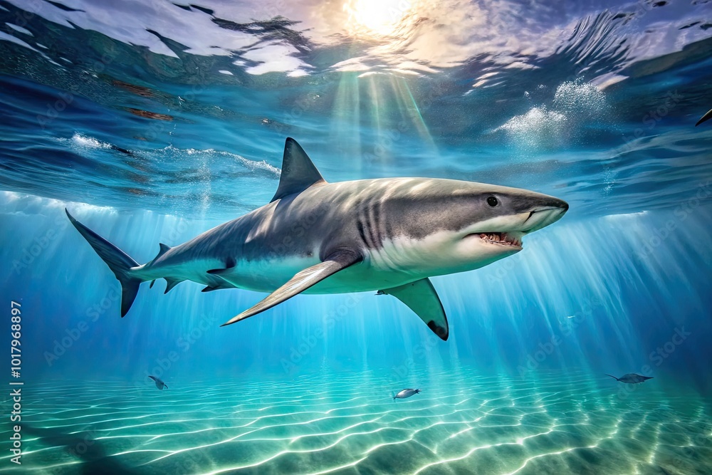 Majestic Great White Shark Swimming Gracefully Through Crystal Clear Ocean Waters Underwater Scene Majestic Great White Shark Swimming Gracefully Through Crystal Clear Ocean Waters Underwater Scene
