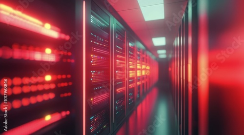 Exploring a modern server room with illuminated racks in a data center during...
