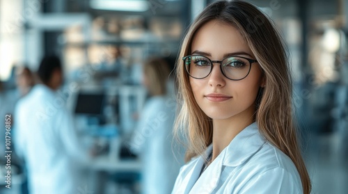 A young female scientist wearing glasses in a laboratory, symbolizing research, innovation, and scientific discovery. Ideal for themes related to STEM, medical research, and laboratory work.