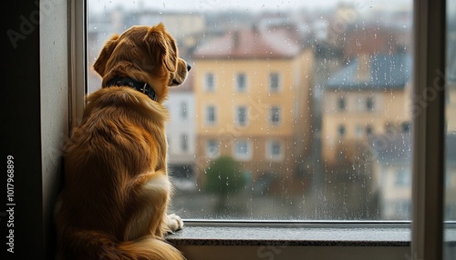 A black dog sits quietly by an open window, gazing out at a rainy day