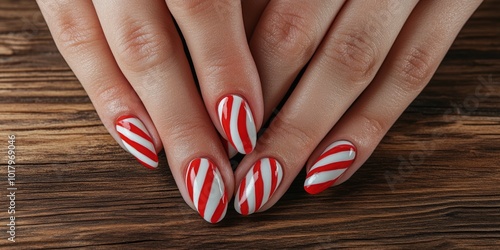 Festive red and white striped nails with glitter accents on a wooden table ba...