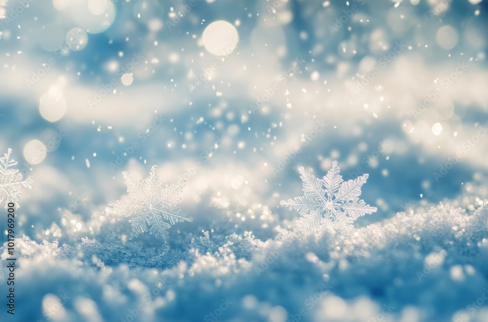 Snowflakes gently falling on a serene winter landscape in the early morning light Snowflakes gently falling on a serene winter landscape in the early morning light