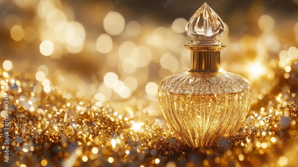 A perfume bottle, sparkling against a backdrop of gold sequins. A perfume bottle, sparkling against a backdrop of gold sequins.