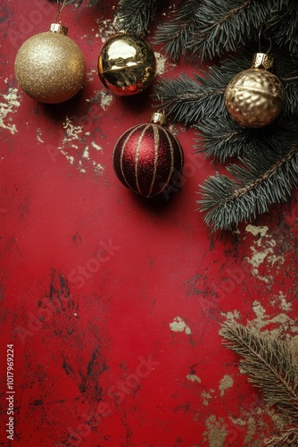 Festive red background adorned with gold and red Christmas ornaments and deco...