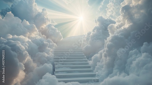 Stairway rising into a bright sky above fluffy clouds with rays of sunlight s...