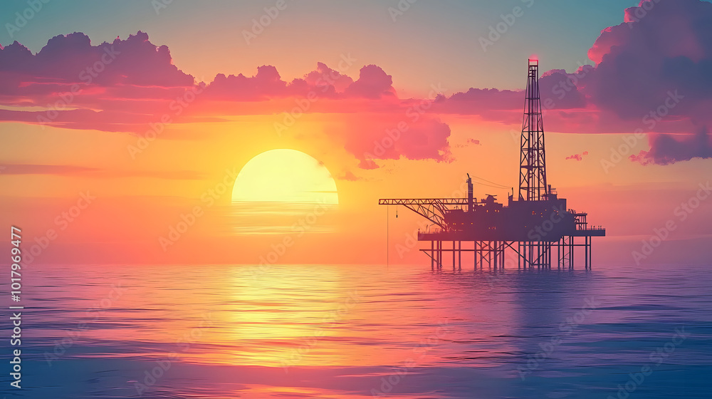 Serene Sunset View of Minimalist Oil Rig in Ocean - Flat Vector Illustration with Clean Design and Rich Colors Serene Sunset View of Minimalist Oil Rig in Ocean - Flat Vector Illustration with Clean Design and Rich Colors