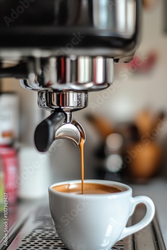 Freshly brewed espresso pouring into a white cup at a cozy cafe in the mornin...