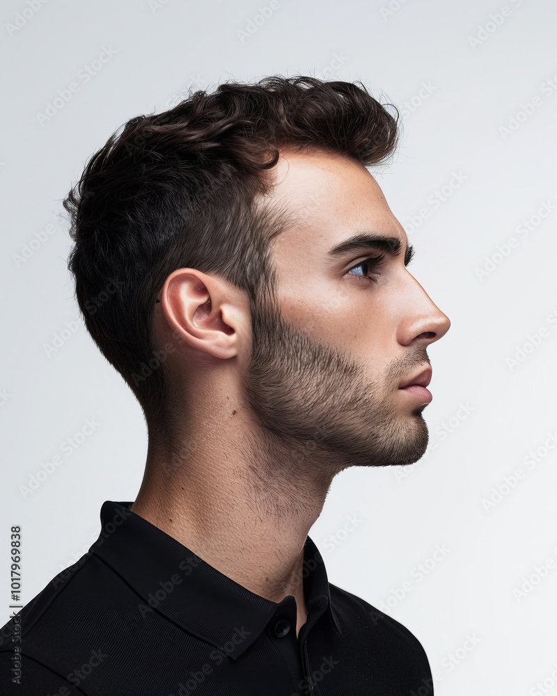 Fototapeta premium Profile portrait of a young man with short hair and beard against a light background