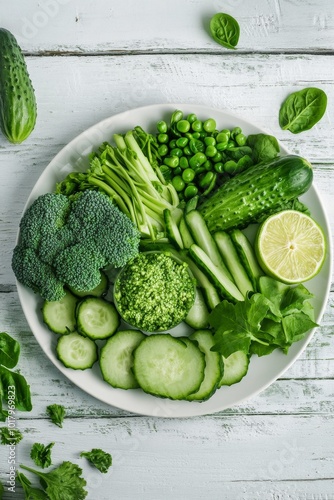 Fresh greens and vegetables surround an empty white plate on a wooden table