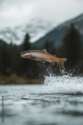 Rainbow trout jumping out of clear water with mountains in the background dur...
