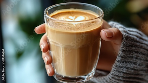 Warm cup of latte art held by a person in a cozy cafe setting with soft lighting