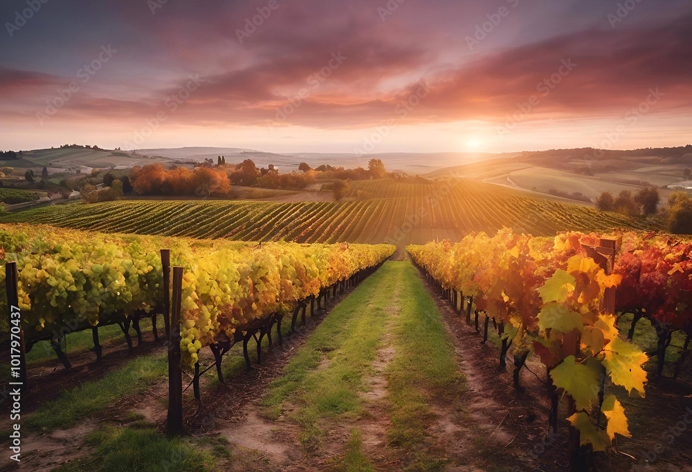 Naklejka premium Sunset over a vibrant vineyard with rolling hills in the background, showcasing autumn colors during harvest season