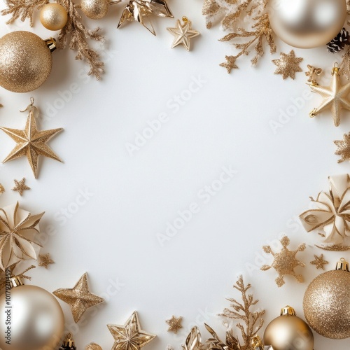 Festive holiday decorations with gold ornaments and stars on a light backgrou...