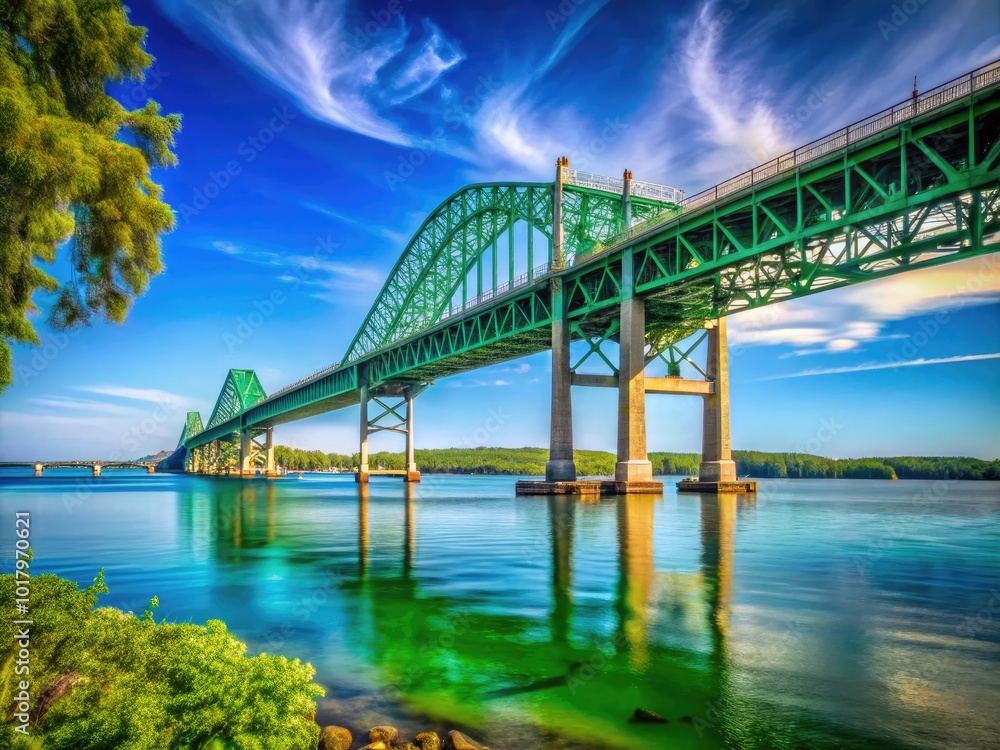 Naklejka premium Majestic Green Bay Bridge Spanning Across the Water Beneath a Clear Blue Sky and Lush Greenery