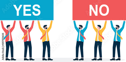 Pros and cons, a group of businessmen holding a sign to party to decide whether to support or disagree

