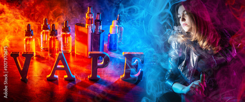 Vape logo near woman. Vaper...