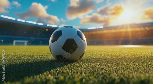 A close-up view of a soccer ball resting on a vibrant green pitch during suns...