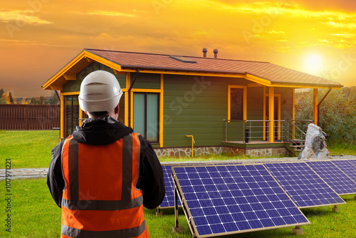 Solar panels. Man engineer....