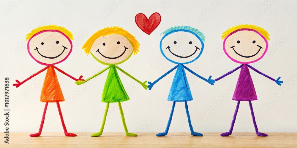 Fototapeta premium Joyful stick figures, painted in vibrant colors, celebrate friendship with playful gestures, depicting warmth and connection through an engaging