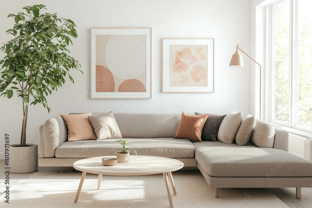 Fototapeta premium A modern Japani interior with minimalist, art fray hanging walls and a bright living room with a sofa and table. Generative AI 