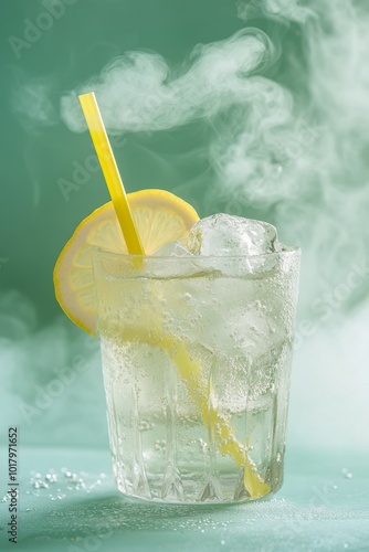 Refreshing lemon soda with ice and mist, served in a clear glass with a brigh...