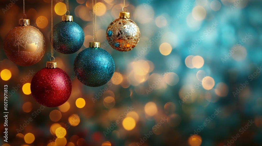 Beautifully decorated Christmas ornaments hanging against a sparkling festive background Beautifully decorated Christmas ornaments hanging against a sparkling festive background