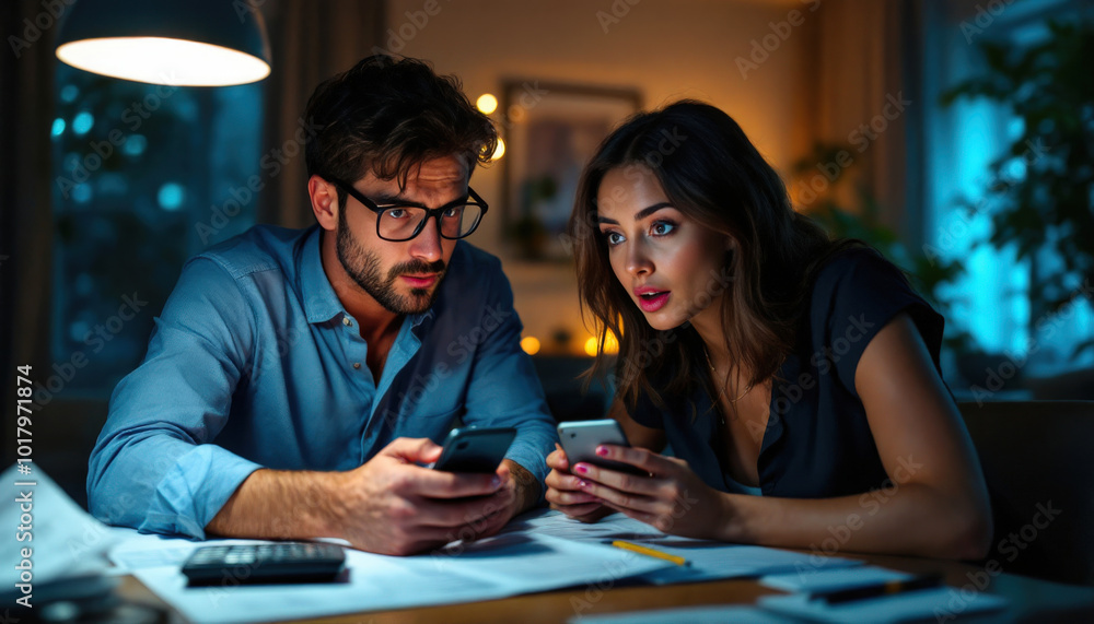 Fototapeta premium En voyant le message apparaître, ses mains glissent légèrement, presque tremblantes. Son expression trahit une surprise totale face à ce qu’elle vient de découvrir.