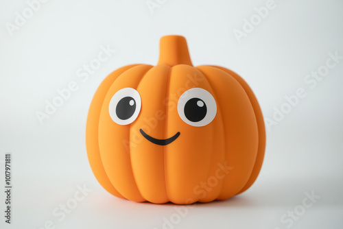 Cute cartoon-style pumpkin with large, wide eyes, a small smile, and a smooth green stem on a clean light background..Cute Halloween pumpkin.