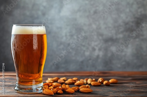 Refreshing amber beer served in a glass alongside crunchy snacks on a wooden ...