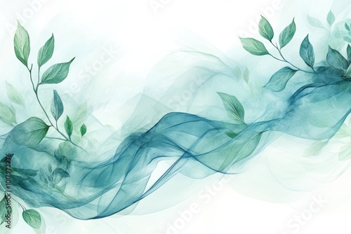 tranquil wellness banner with soothing tones of blue and green, delicate waves, and botanical elements photo