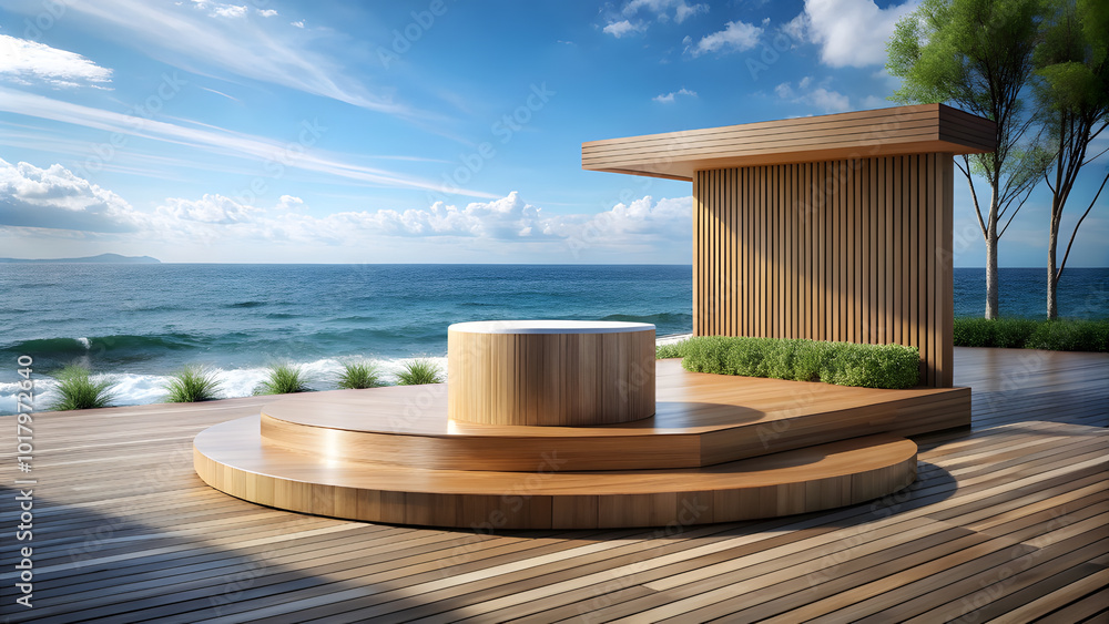 Obraz premium Modern Wooden Product Podium by the Beach. Perfect for: Luxury product launches, Outdoor exhibitions