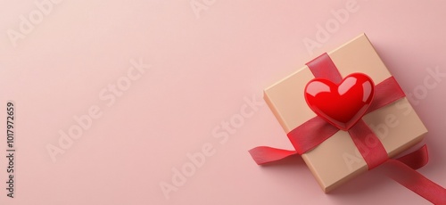 White gift box with a red heart-shaped bow on a soft pink background for a ro...