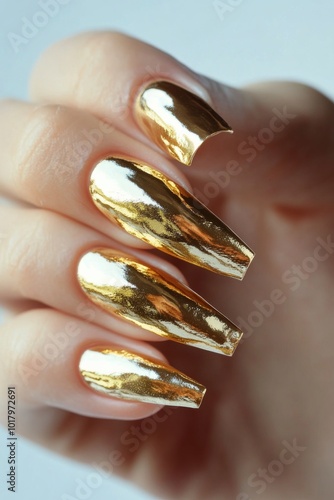 Elegant gold metallic nails displayed on a woman's hand showcasing intricate ...