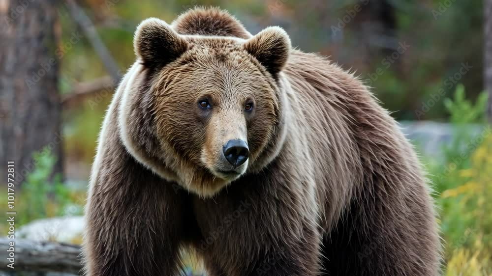 Brown bear in forest clearing gazing into camera with focused expression Brown bear in forest clearing gazing into camera with focused expression