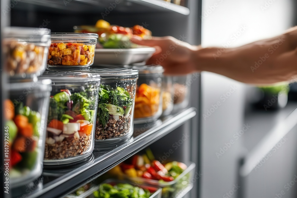 A hand reaching for a jar of fresh, colorful salad in a modern fridge, showcasing organized meal prep and healthy eating. A hand reaching for a jar of fresh, colorful salad in a modern fridge, showcasing organized meal prep and healthy eating.